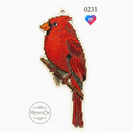 DIY Cross stitch kit on wood "Cardinal" 6.1x2.6 in / 15.5x6.5 cm