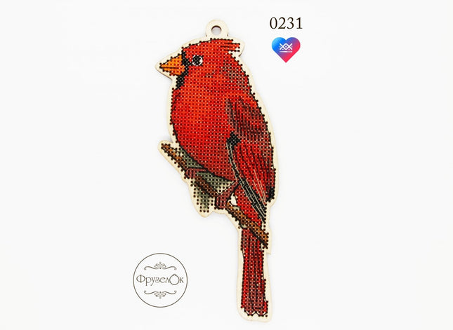 DIY Cross stitch kit on wood "Cardinal" 6.1x2.6 in / 15.5x6.5 cm