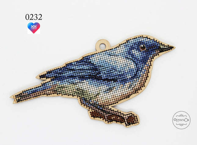 DIY Cross stitch kit on wood "Blue Nightingale" 5.5x3.5 in / 14.0x9.0 cm