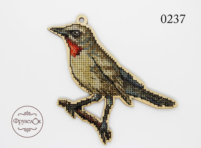 DIY Cross stitch kit on wood "Red-necked Nightingale" 5.1x4.7 in / 13.0x12.0 cm