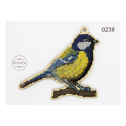 DIY Cross stitch kit on wood "Chickadee" 5.1x3.9 in / 13.0x10.0 cm