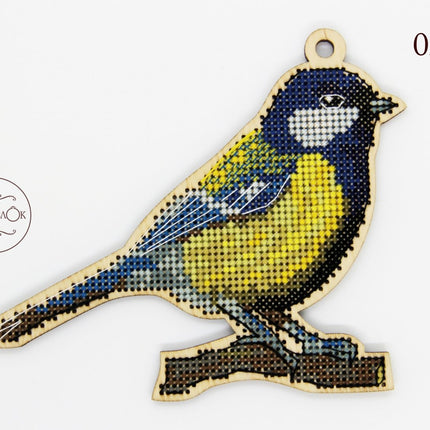 DIY Cross stitch kit on wood "Chickadee" 5.1x3.9 in / 13.0x10.0 cm