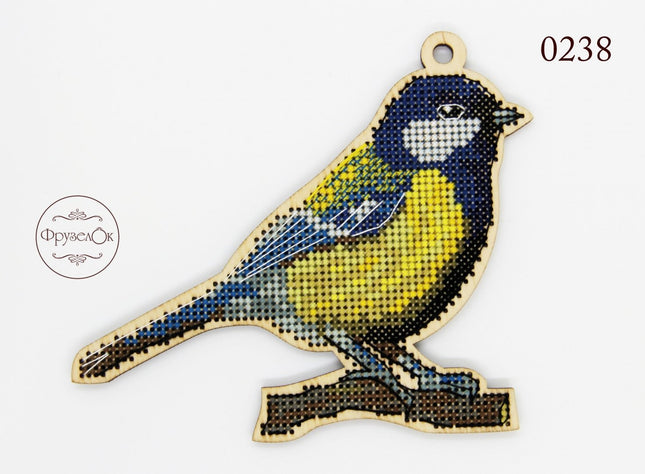 DIY Cross stitch kit on wood "Chickadee" 5.1x3.9 in / 13.0x10.0 cm