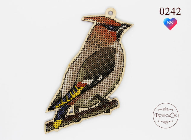 DIY Cross stitch kit on wood "Waxwing" 3.9x4.7 in / 10.0x12.0 cm