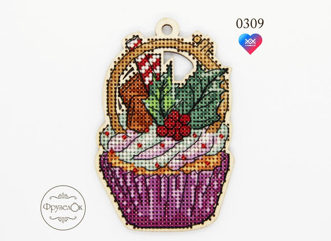 DIY Cross stitch kit on wood "Hoop" 4.1x2.8 in / 10.5x7.0 cm