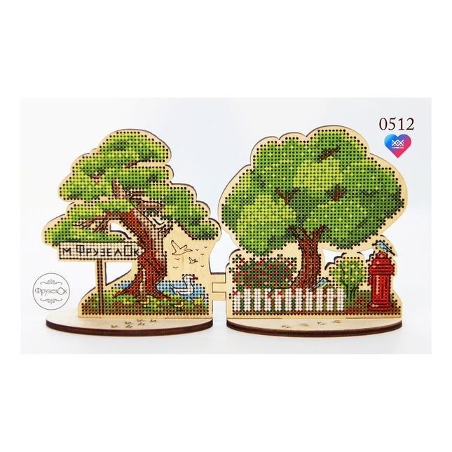 DIY Cross stitch kit on wood "Outskirts" 3.9x4.1 in / 10.0x10.5 cm