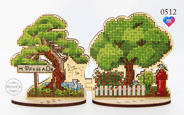 DIY Cross stitch kit on wood "Outskirts" 3.9x4.1 in / 10.0x10.5 cm