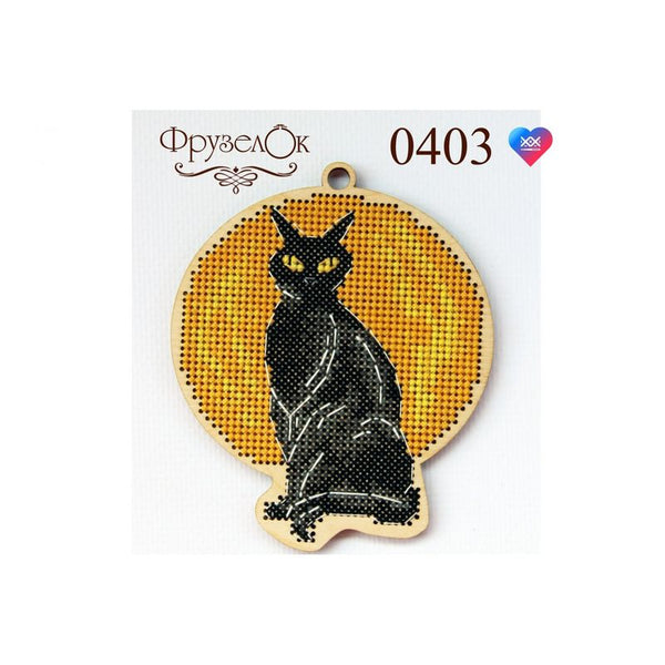 DIY Cross stitch kit on wood "Black Cat" 4.3x3.7 in / 11.0x9.5 cm