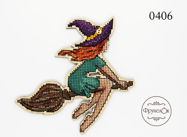 DIY Cross stitch kit on wood "Witch" 5.1x5.1 in / 13.0x13.0 cm