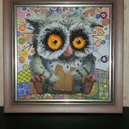 DIY Bead Embroidery Kit "Owl and cookies"  5.9"x5.9" / 15.0x15.0 cm