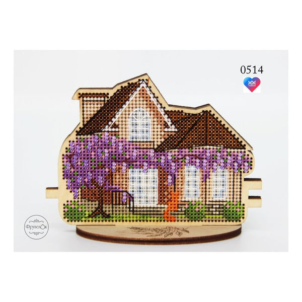 DIY Cross stitch kit on wood "Spring Cottage" 4.5x3.3 in / 11.5x8.5 cm