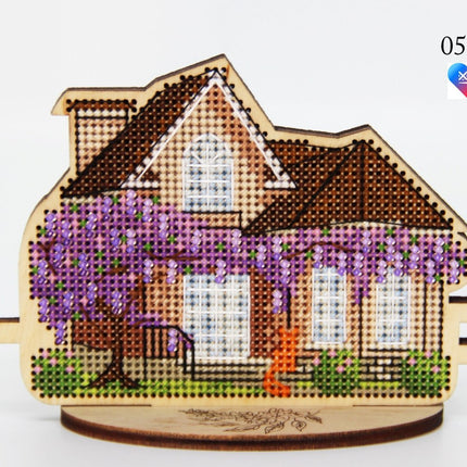 DIY Cross stitch kit on wood "Spring Cottage" 4.5x3.3 in / 11.5x8.5 cm
