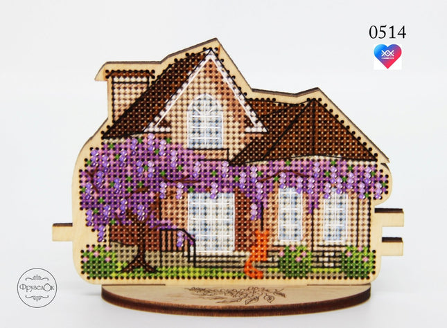 DIY Cross stitch kit on wood "Spring Cottage" 4.5x3.3 in / 11.5x8.5 cm