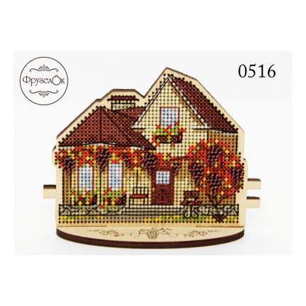 DIY Cross stitch kit on wood "Cottage with Grapes" 4.3x3.3 in / 11.0x8.5 cm