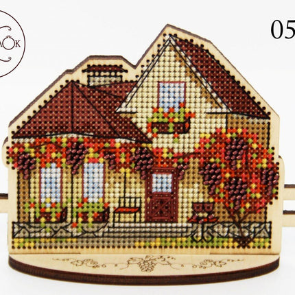 DIY Cross stitch kit on wood "Cottage with Grapes" 4.3x3.3 in / 11.0x8.5 cm