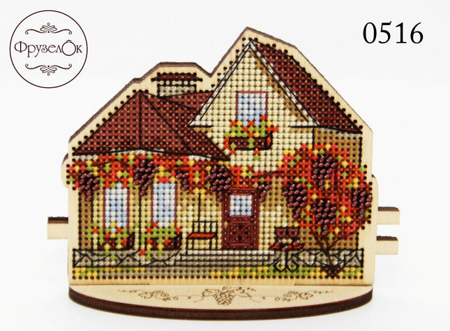 DIY Cross stitch kit on wood "Cottage with Grapes" 4.3x3.3 in / 11.0x8.5 cm
