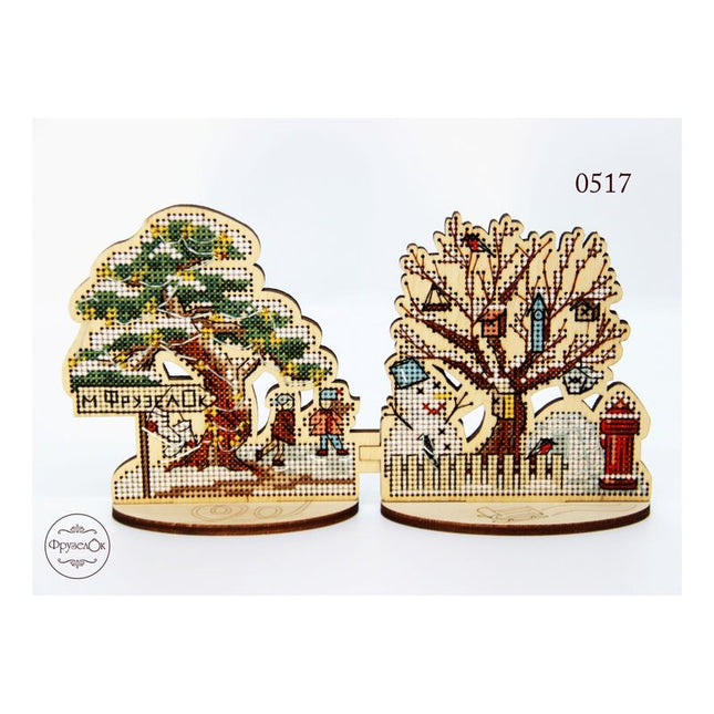 DIY Cross stitch kit on wood "Winter Outskirts" 3.9x3.9 in / 10.0x10.0 cm