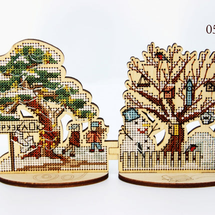 DIY Cross stitch kit on wood "Winter Outskirts" 3.9x3.9 in / 10.0x10.0 cm