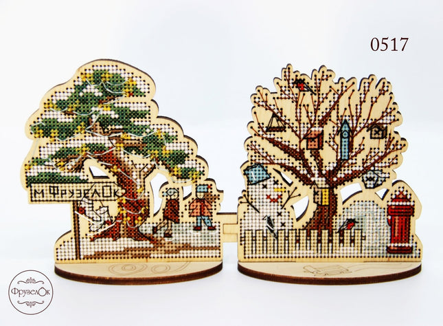 DIY Cross stitch kit on wood "Winter Outskirts" 3.9x3.9 in / 10.0x10.0 cm