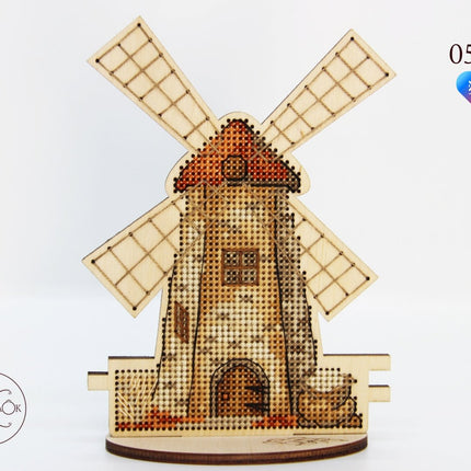 DIY Cross stitch kit on wood "Mill" 5.1x3.7 in / 13.0x9.5 cm