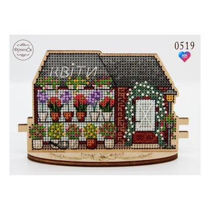 DIY Cross stitch kit on wood "Flower Shop" 4.7x3.0 in / 12.0x7.5 cm