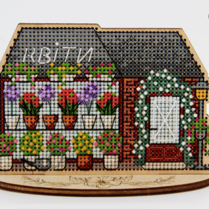 DIY Cross stitch kit on wood "Flower Shop" 4.7x3.0 in / 12.0x7.5 cm