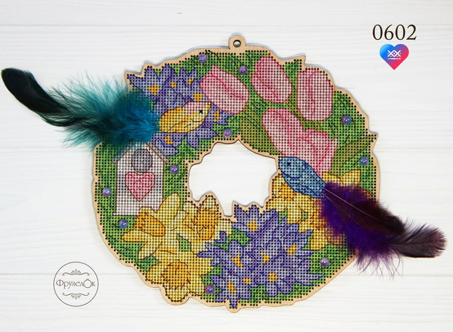 DIY Cross stitch kit on wood "Spring" 7.7x7.5 in / 19.5x19.0 cm