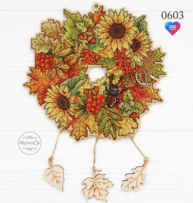 DIY Cross stitch kit on wood "Fall" 7.9x8.3 in / 20.0x21.0 cm