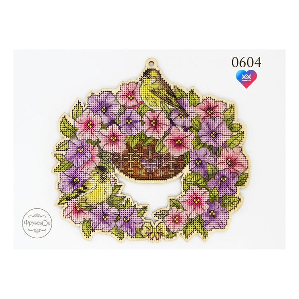 DIY Cross stitch kit on wood "Petunias" 7.9x7.5 in / 20.0x19.0 cm