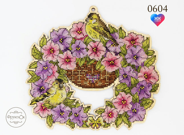 DIY Cross stitch kit on wood "Petunias" 7.9x7.5 in / 20.0x19.0 cm