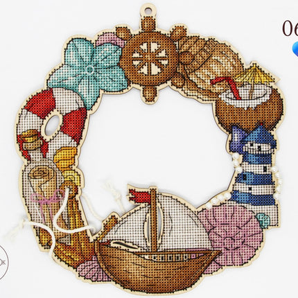 DIY Cross stitch kit on wood "Marine" 8.1x7.5 in / 20.5x19.0 cm