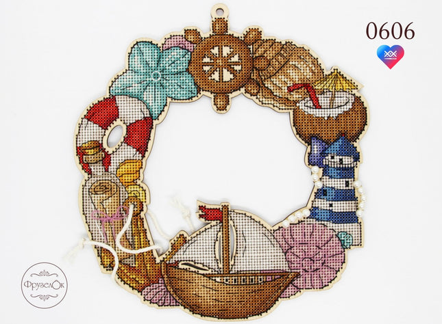 DIY Cross stitch kit on wood "Marine" 8.1x7.5 in / 20.5x19.0 cm
