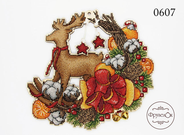 DIY Cross stitch kit on wood "Jingle Bells" 7.7x7.3 in / 19.5x18.5 cm