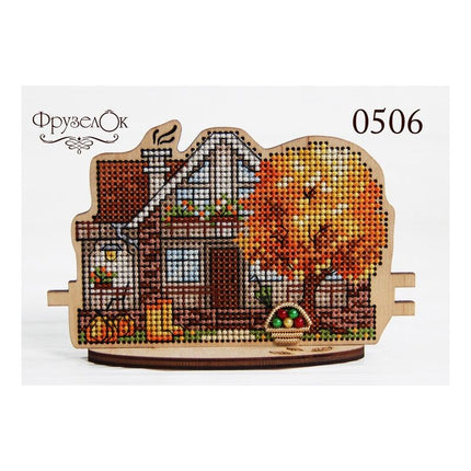 DIY Cross stitch kit on wood "Fall Cottage" 4.9x3.1 in / 12.5x8.0 cm