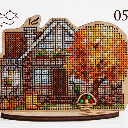 DIY Cross stitch kit on wood "Fall Cottage" 4.9x3.1 in / 12.5x8.0 cm