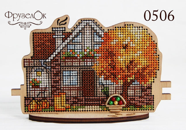 DIY Cross stitch kit on wood "Fall Cottage" 4.9x3.1 in / 12.5x8.0 cm