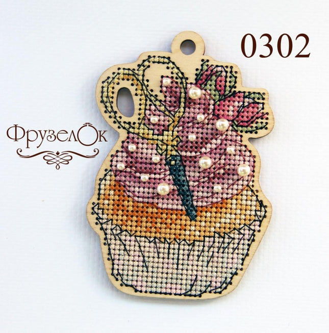 DIY Cross stitch kit on wood "Scissors" 4.3x3.0 in / 11.0x7.5 cm
