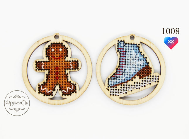 DIY Cross stitch kit on wood "Decoration" D 2.0 in / D 5.0 cm
