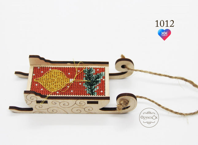 DIY Cross stitch kit on wood "Sleigh" 3.0x1.6 in / 7.5x4.0 cm