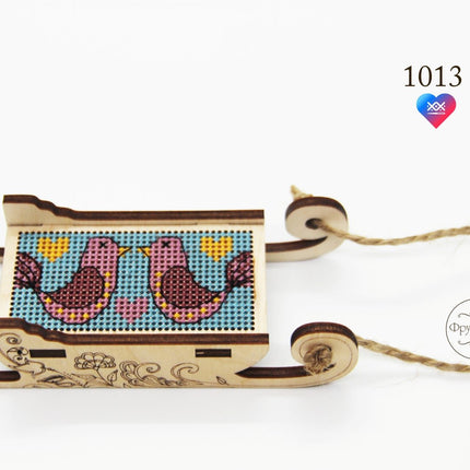 DIY Cross stitch kit on wood "Sleigh" 3.0x1.6 in / 7.5x4.0 cm