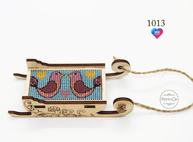 DIY Cross stitch kit on wood "Sleigh" 3.0x1.6 in / 7.5x4.0 cm