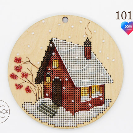 DIY Cross stitch kit on wood "Cozy Winter" D 3.7 in / D 9.5 cm