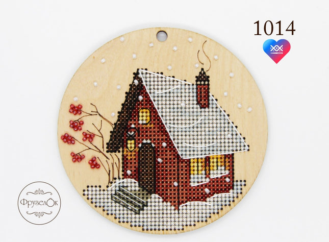 DIY Cross stitch kit on wood "Cozy Winter" D 3.7 in / D 9.5 cm