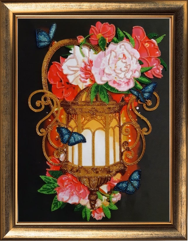 DIY Bead Embroidery Kit "Lantern with Peonies" 14.2"x10.6" / 36.0x27.0 cm