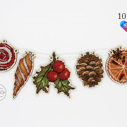 DIY Cross stitch kit on wood "Garland" 2.8x2.8 in, 2.2x1.6 in / 7.0x7.0 cm, 5.5x4.0 cm