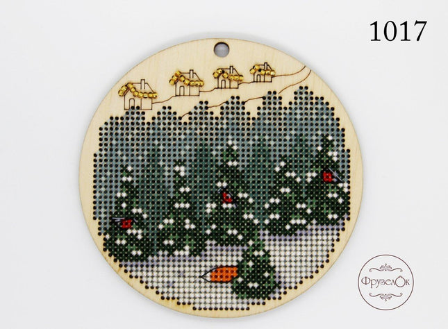 DIY Cross stitch kit on wood "Winter Forest" D 3.7 in / D 9.5 cm