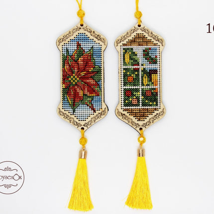 DIY Cross stitch kit on wood "Through the Window" 3.9x1.8 in / 10.0x4.5 cm