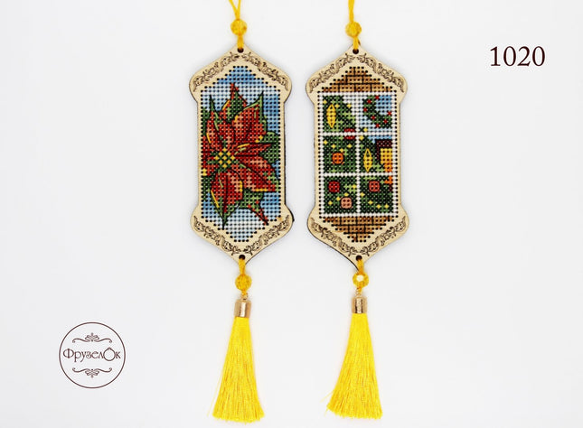 DIY Cross stitch kit on wood "Through the Window" 3.9x1.8 in / 10.0x4.5 cm