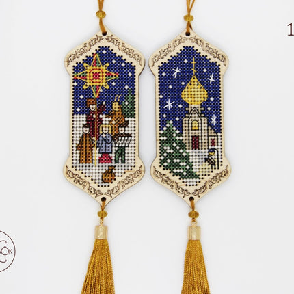 DIY Cross stitch kit on wood "Christmas Time" 3.9x1.8 in / 10.0x4.5 cm