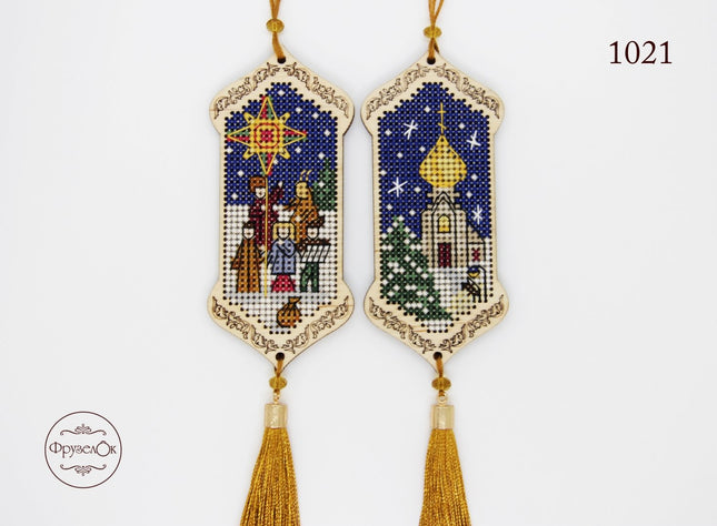 DIY Cross stitch kit on wood "Christmas Time" 3.9x1.8 in / 10.0x4.5 cm